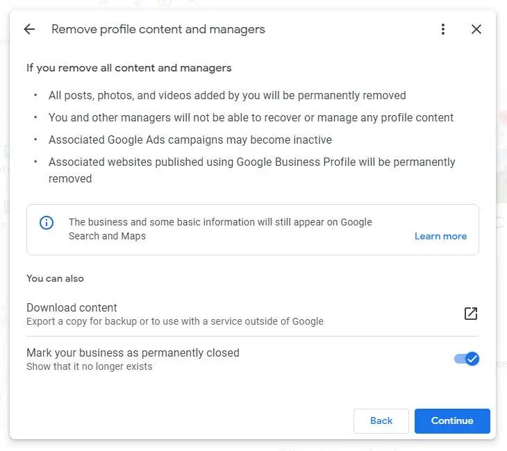 How to remove content and managers in GMB Profile